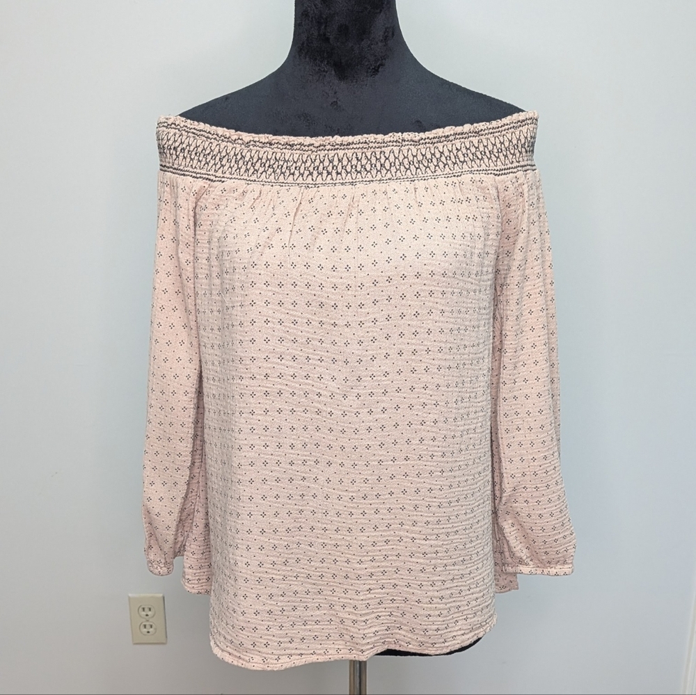 L Love Sz large Women's Off-Shoulder Taupe Pink Peasant Top